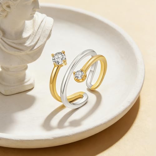 Two Tone Wrap Ring for Women Silver and Gold Plated Dainty Spiral Band with CZ Minimalist Open Rings Thin Around Bands Trendy Mixed Metal Jewelry