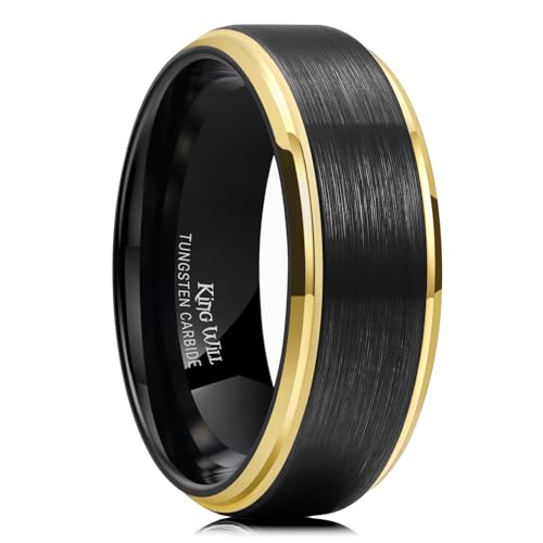 King Will Mens Brushed Wedding Band, Two Tone Matte Step Edges/Pipe Cut, Tungsten Carbide Anniversary Promise Rings Comfort Fit - color: Black&Gold Edge-8mm