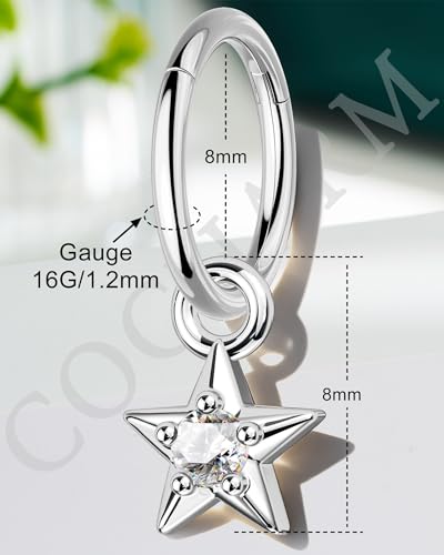 COCHARM Clicker Rook Earring-Star 16G Moon & Square Helix Rarrings,316L Stainless Steel Helix Daith piercing Jewelry 6/8MM - color: Star-8MM