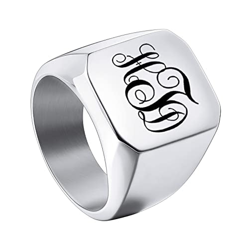 INBLUE Personalized Engraved Initial Monogram Signet Rings for Man Women Stainless Steel Rings Customize Jewelry with Ring Size Adjuster - color: Silver: Monogram