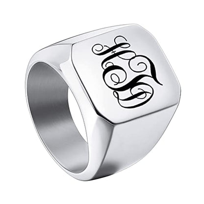 INBLUE Personalized Engraved Initial Monogram Signet Rings for Man Women Stainless Steel Rings Customize Jewelry with Ring Size Adjuster - color: Silver: Monogram