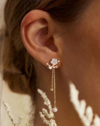 14K Gold Plated/Sterling Silver CZ Pearl Drop Dangle Earrings for Women - color: Silver-Flower Pearl CZ