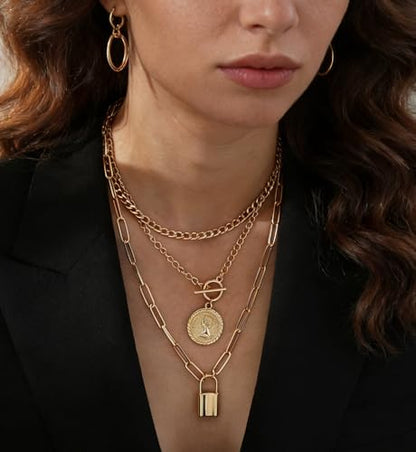 iF YOU Vintage Gold Layered Necklaces for Women Trendy, Chunky Cuban Link Paperclip Chains Necklace Stack, Coin Pendant Necklace Set Jewelry Gifts - style: 3-layer lock necklace