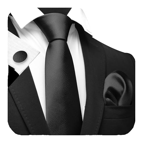 GUSLESON 3.15"（8cm） Solid Color Necktie and Pocket Square Cufflinks Sets For Men + Gift Box - color: Black
