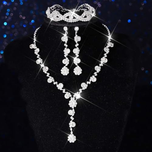 Aukmla Rhinestone Wedding Prom Jewelry Sets Silver Diamond Necklaces and Earring Bracelet Set for Brides and Women - color: Silver