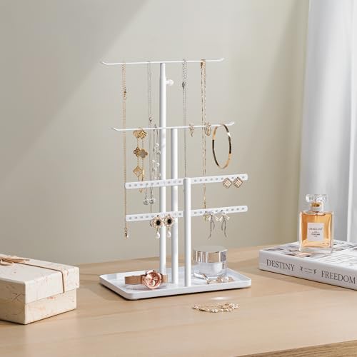 susswiff Jewelry Holder Organizer Stand - Adjustable Jewelry Tree 17.5" Height (Max), Jewlery Hanger for Necklaces, Bracelets, Earrings, Stainless, White - color: White