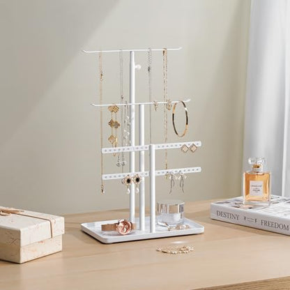 susswiff Jewelry Holder Organizer Stand - Adjustable Jewelry Tree 17.5" Height (Max), Jewlery Hanger for Necklaces, Bracelets, Earrings, Stainless, White - color: White