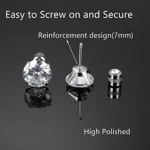 Titanium Surgical Steel CZ Screw Back Stud Earrings Set Hypoallergenic | Cubic Zirconia, Stainless Steel, Mens, Small, Dainty, Silver, Hypoallergenic for Sensitive Ears, Lobe, Cartilage, Helix - color: Round Clear - 2/3/4/5/6/7mm