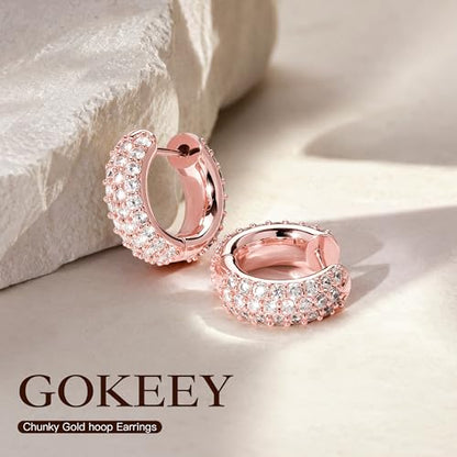 Gokeey Cubic Zirconia Hoop Earrings for Women, Sterling Silver Plated Small Huggie Hoops CZ Pave Chunky Thick Earrings Non Tarnish Hypoallergenic Lightweight Jewelry April Birthstone Gifts - color: Rose Gold