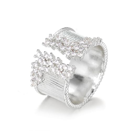 GIGB PBDK Gold Crystal Open Rings for Women,Bling Silver Stainless Steel Cocktail Rings,Adjustable Cubic Zirconia Cluster Big Ring,Party Statement Jewelry Accessories