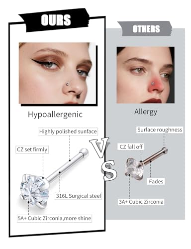 18G 20G 22G Round Cubic Zirconia Nose Rings Studs for Women Men 316L Stainless Surgical Steel Nose Ring Stud Piercing Jewelry Silver Clear CZ 1.5mm 2mm 3mm - style: 20G Straight Silver CZ 1.5mm