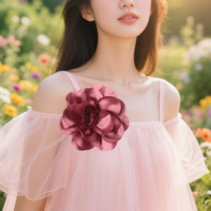 Large Rose Flower Brooches Chiffon Camellia Brooch Lapel Pins Hair Clips Hat Pins for Women Wedding Banquet Accessories Large Satin Flowers 5.5in - color: Red