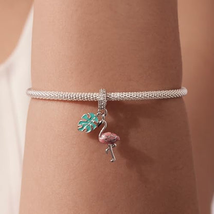 BISAER 925 Sterling Silver Charms for Bracelets Cat Dog Sloth Animal Beads Butterfly Fairy Heart Dangle Pendant Charms - color: Flamingo