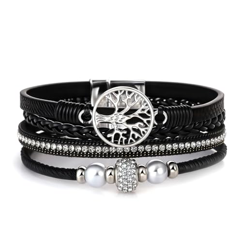 hotoo Leather Wrap Bracelets for Women Tree of Life Cuff Bracelets Pearl Rhinestone Bead Multi-Layer Bracelets Bohemian Jewelry Gift for Women - color: Black