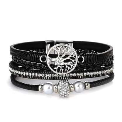 hotoo Leather Wrap Bracelets for Women Tree of Life Cuff Bracelets Pearl Rhinestone Bead Multi-Layer Bracelets Bohemian Jewelry Gift for Women - color: Black