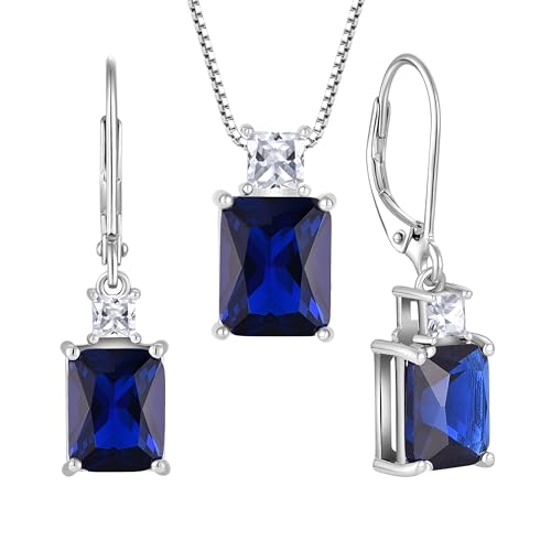 STARCHENIE 925 Sterling Silver Necklace Earrings for Women Princess & Emerald Cut Pendant September Birthstone Created Sapphire Jewelry Set