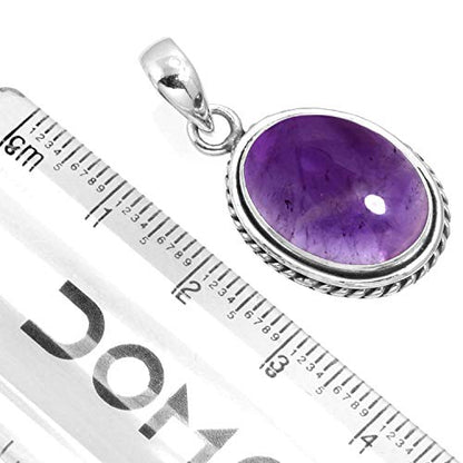 Chunky Natural Gemstone Pendant Necklace For Women Onyx, Turquoise, Amber, Garnet Oval Boho Genuine 925 Sterling Silver Handmade Jewelry - color: Amethyst