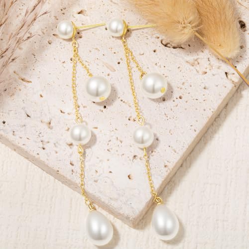 Long Chain Pearl Dangle Earrings for Women | 4Pcs Pearls, 14K Gold Plated, Dainty Tassel Drop, Lightweight Pearl Dangly Earring, Wedding Jewelry Gifts - color: Gold-Teardrop