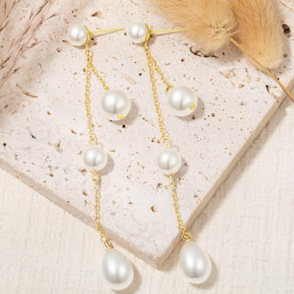 Long Chain Pearl Dangle Earrings for Women | 4Pcs Pearls, 14K Gold Plated, Dainty Tassel Drop, Lightweight Pearl Dangly Earring, Wedding Jewelry Gifts - color: Gold-Teardrop