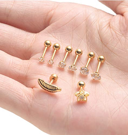 Tornito 9-30Pcs Cartilage CZ Stud Earrings Conch Forward Helix Tragus Daith Piercing Lip Rings Snake Heart Butterfly Jewelry for Women Men 16G Silver Gold Tone - color: E:Gold Tone