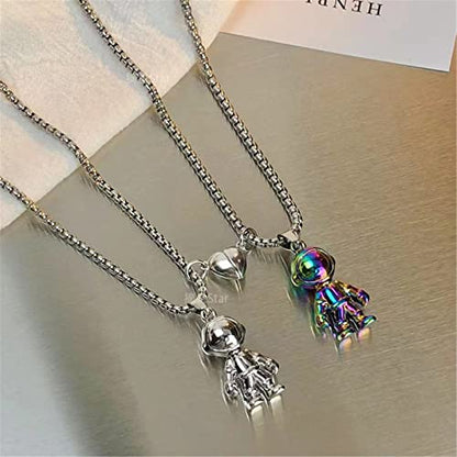Caiyao 2Pcs Stainless Steel Mutual Attraction Couples Matching Spaceman Pendant Necklace Astronaut Promise Necklace for Women Men Friends Him Her Friendship Astronomy Jewelry Gift - color: D rainbow