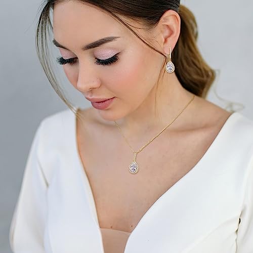 Crysdue Wedding Bridal Teardrop CZ Pendant Necklace Open Ring Dangle Earrings Adjustable Slider Bracelet Jewelry Set, Birthday Mothers Day Christmas Jewellery Gift for Women/Mom/Wife - style: 01-Teardrop Clear Gold-Tone