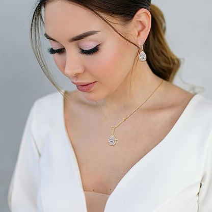 Crysdue Wedding Bridal Teardrop CZ Pendant Necklace Open Ring Dangle Earrings Adjustable Slider Bracelet Jewelry Set, Birthday Mothers Day Christmas Jewellery Gift for Women/Mom/Wife - style: 01-Teardrop Clear Gold-Tone