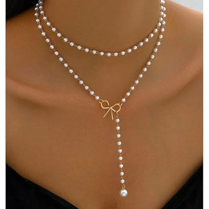 Layered Pearl Necklaces for Women 14K Gold Plated Trendy Faux Pearl Drop Y Necklace Dainty Pearl Choker Gold Layering Necklace,Jewelry Gift for Her,Mother,Wife,Girlfriend - style: Bow&Pearl Y Necklace
