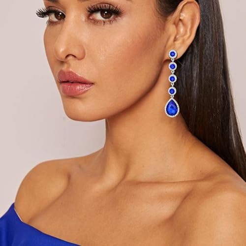 EleQueen Women's Wedding Crystal Teardrop Pear Shape 3 Inch Clip on Long Dangle Earrings for Bride Bridesmaid, Jewelry for Party Prom/Anniversary - color: Blue Silver-Tone