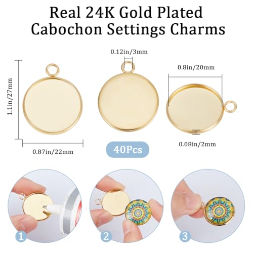 Beebeecraft 1 Box 40Pcs 20mm Cabochon Settings Charms 24K Gold Plated Stainless Steel Plain Edge Bezel Cups Flat Round Back Charm for DIY Jewellery Making Findings - color: Gold, size: 20mm 40pcs