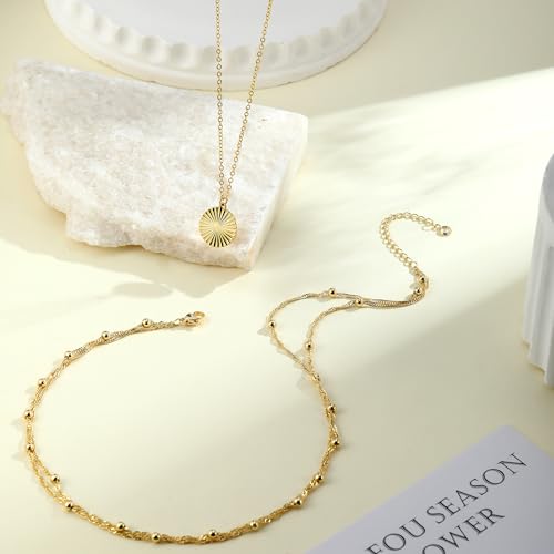 MFRYK Gold Necklaces for Women,14K Gold/Silver Plated Choker Layered Necklace Dainty Pearl Disc Cross Circle Heart Pendant Chain Stackable Necklaces, Multilayer Jewelry Set Gifts for Women - style: 3Layered Preal Beads Disc-GD