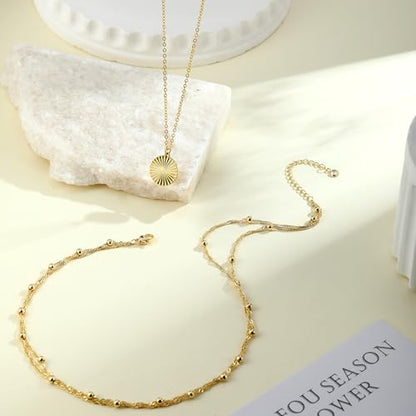 MFRYK Gold Necklaces for Women,14K Gold/Silver Plated Choker Layered Necklace Dainty Pearl Disc Cross Circle Heart Pendant Chain Stackable Necklaces, Multilayer Jewelry Set Gifts for Women - style: 3Layered Preal Beads Disc-GD
