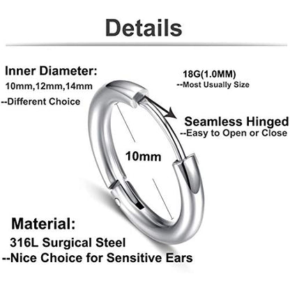 Hypoallergenic Titanium Steel Loop Earrings Set for Men Women Huggie Hoop Cartilage Piercing 18G - color: 3pairs Steel