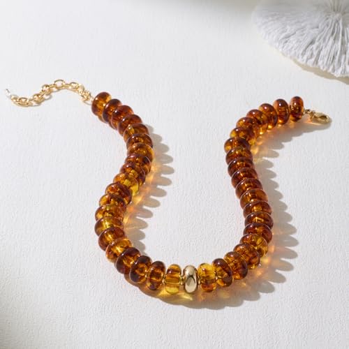 Beaded necklace for Women Boho Bead Gemstone Chunky Necklace Big Bead Necklace Fashion Trendy Summer Necklaces Jewelry Gifts - color: Amber&GD Beaded