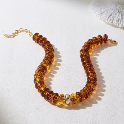 Beaded necklace for Women Boho Bead Gemstone Chunky Necklace Big Bead Necklace Fashion Trendy Summer Necklaces Jewelry Gifts - color: Amber&GD Beaded