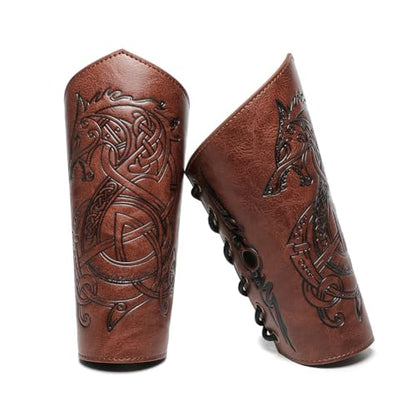Medieval Leather Bracers Dragon Embossed Viking Leather Bracers Leather Arm Armer Cuff Leather Gauntlet Costumes Accessories - style: Dragon Leather Bracers-light Brown