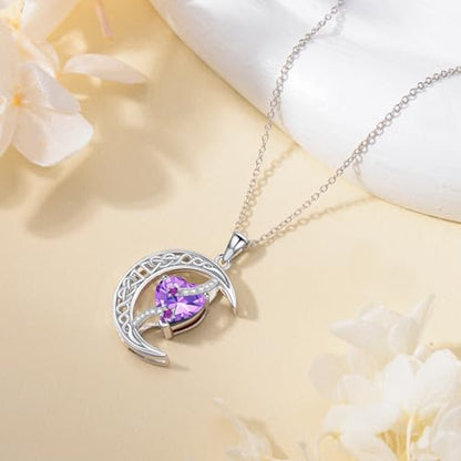 TOUPOP Moon and Star Birthstone Necklace for Women 925 Sterling Silver Celtic Moon Jewelry Birthday Mothers Day Gifts for Mom Wife Her - color: 02-February-Amethyst