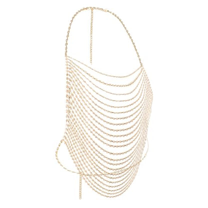 Multi-Layer Body Chain Necklace Rhinestone Chain Halter Top Body Jewelry Sexy Tassel Chest Chain Rave Nightclub Accessory - color: Gold