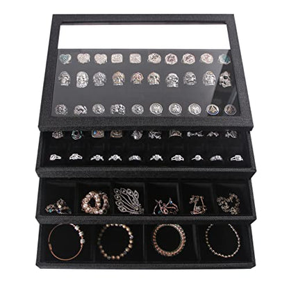 Julysky 4 Pcs/set Stackable Jewelry Organizer Trays with Glass Lid,100 Slots Ring Holder,Bracelet Displays Stand for Selling Necklace Earring Rack - size: 100slot+12grid+24grid