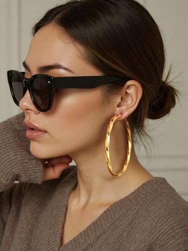 FindChic Twisted Hoop Earrings for Women, Silver/Black/14K Gold Plated Hypoallergenic Hollow Tube Rounded Loop Earrings, 30mm/40mm/60mm/80mm Hoops with Custom Name Options and Gift Box - color: c.Gold, size: 80MM