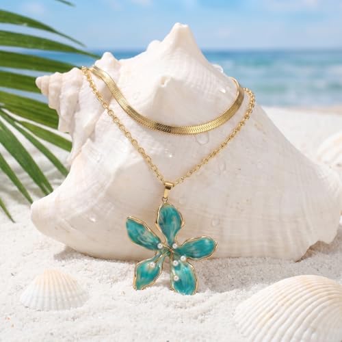 Gmai Flower Layer Necklace for Women 18K Floral Pendant Boho | White Pearl,Snake Chain,Statement Choker,Dainty,Summer,Vintage,Pleated,Everyday,Jewelry Gift