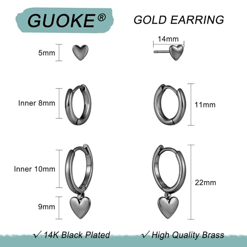 3 Pairs Earring Stacks, Gold Earring Set Jewelry Gift for Women | Small, 14K Gold/White Gold/Black/Rose Gold Plated, Hypoallergenic, Her, Everday, Stackable, Simple, 3 Holes - color: Black-Heart