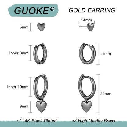 3 Pairs Earring Stacks, Gold Earring Set Jewelry Gift for Women | Small, 14K Gold/White Gold/Black/Rose Gold Plated, Hypoallergenic, Her, Everday, Stackable, Simple, 3 Holes - color: Black-Heart