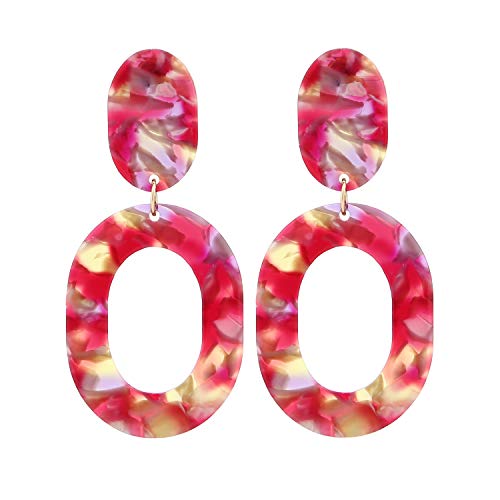Oval Drop Dangle Earrings for Women, Statement Geometric Ellipse Dangling Earrings - color: Hot Pink