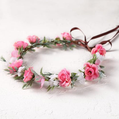 Fairy Pink Flower Crown Headband, Rose Floral Headpiece | Adjustable, Fairy Flower Crown, Women Girls, Renaissance Birthday Wedding Party Photo Props - color: Pink