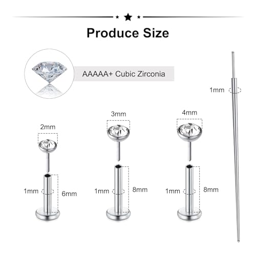 Zolure 18G/20G Flat Back Earrings Stud Threadless Nose Studs Surgical Steel Push in Earrings Tragus Cartilage Labret Helix Lip Conch Medusa Piercing Jewelry - color: 18G Silver #1