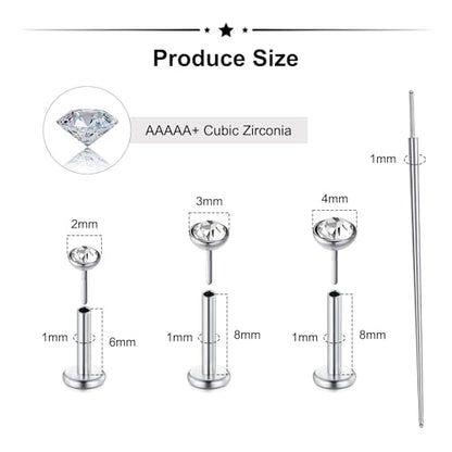 Zolure 18G/20G Flat Back Earrings Stud Threadless Nose Studs Surgical Steel Push in Earrings Tragus Cartilage Labret Helix Lip Conch Medusa Piercing Jewelry - color: 18G Silver #1