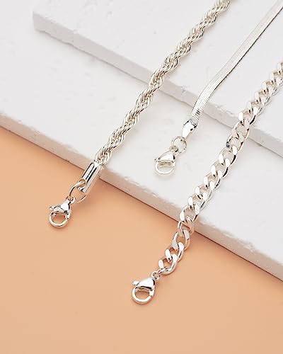 Sterling Silver Ankle Bracelets for Women Strong Lobster Clasp - Cuban Link, Figaro, Rope, Flat Mariner, Snake Herringbone, Satellite, Paperclip - Summer Beach Waterproof Silver Anklet - color: Curb, Snake, Rope