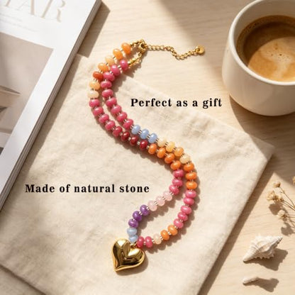 Gemstone Beaded Natural Stone Heart Pendant Necklaces for Women - color: Natural Stone Necklace-1