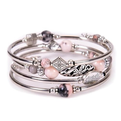 Boho Wrap Beaded Bracelet for Women – Handmade Natural Stone Jewelry – Stainless Steel Adjustable Ethnic Chic Gift - color: Pink Zebra Jasper Stone